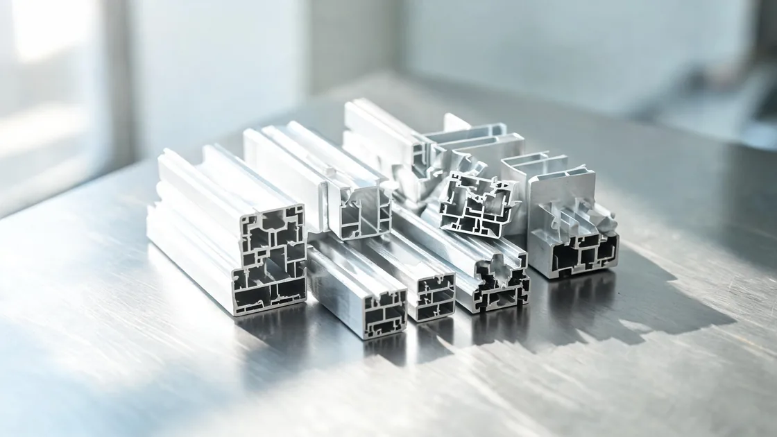 Cut lengths of aluminium extrusion profile on a brushed-steel surface, their cross-sections showing.