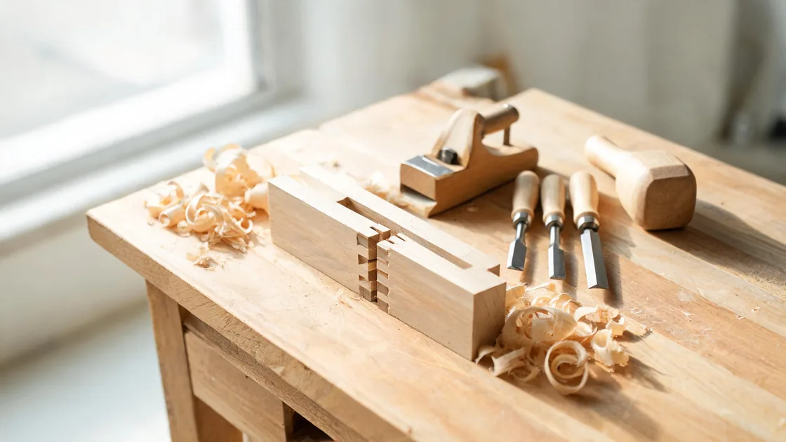 A carpenter’s bench with a hand plane, three chisels, a mallet, wood shavings and a half-made dovetail joint.