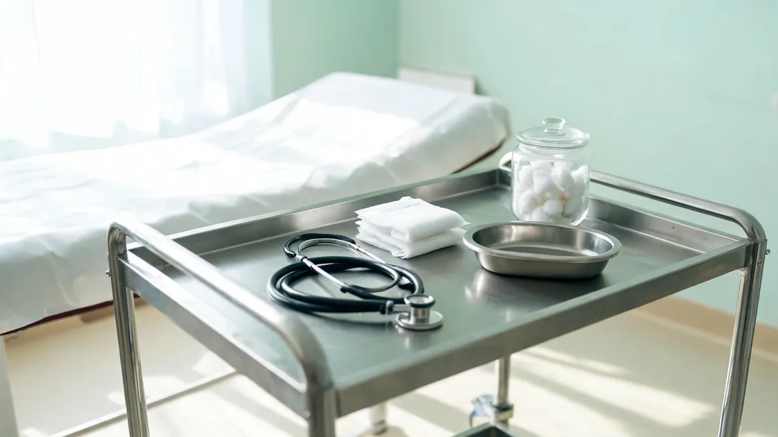A steel trolley in a bright treatment room holding a stethoscope, gauze, a jar of cotton wool and a steel dish, with a treatment bed behind.