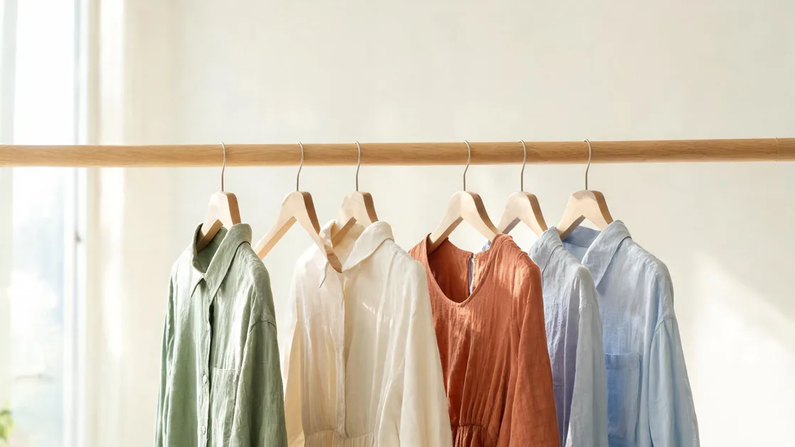 Linen shirts and dresses in sage, cream, terracotta and pale blue on wooden hangers along a clothing rail.