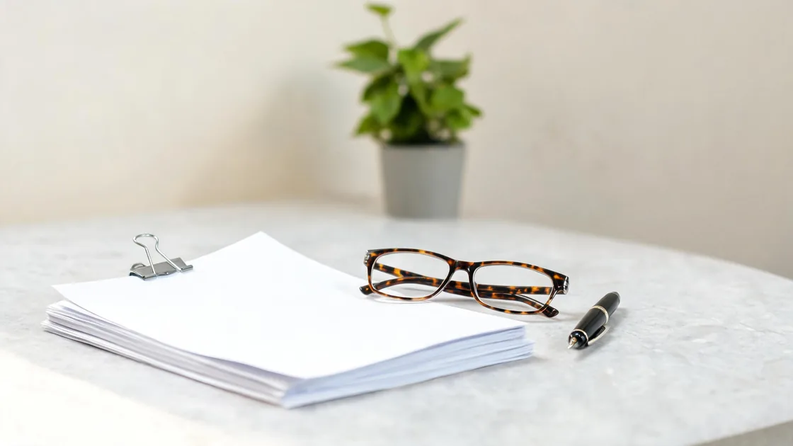 A stack of documents under a binder clip, reading glasses and a fountain pen on a pale stone desk.