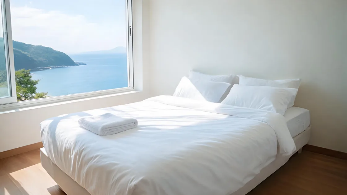 A bright hotel room with a made white bed and a folded towel, and a window onto the sea and a green headland.