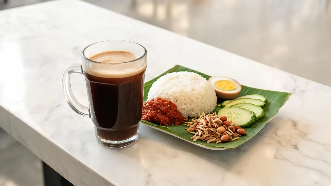 A glass mug of kopi beside a plate of nasi lemak on a banana leaf, on a marble kopitiam table.