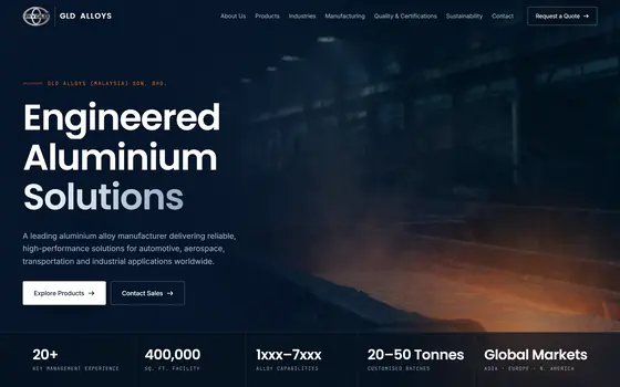 GLD Alloys’ home page: the headline Engineered Aluminium Solutions on a dark navy page over a dim foundry, with company figures along the bottom.