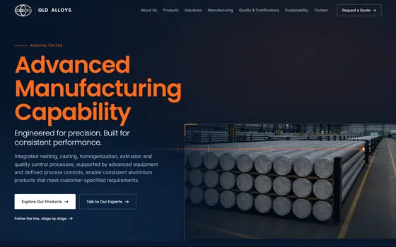 GLD Alloys’ manufacturing page: an orange heading and a photograph of stacked aluminium billets in the plant.