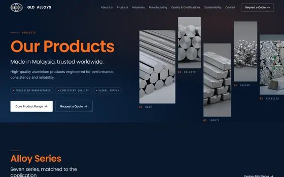 GLD Alloys’ products page: the heading Our Products beside photographs of aluminium bars, billets and ingots.