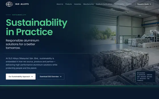 GLD Alloys’ sustainability page: the heading Sustainability in Practice in green over a photograph of sorted aluminium in the plant.