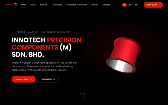 Innotech’s home page: the company name in white and red on black, beside a red 3D spool.
